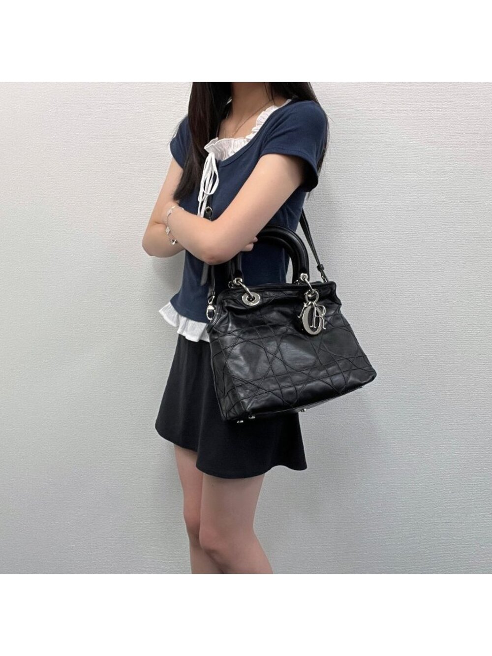 Dior Lady Cannage Large Shoulder Bag Leather Black Vintage - Picture 1 of 16